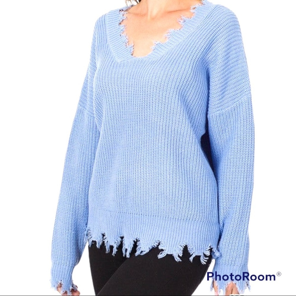 Before You small/medium fringed trim cuffs hem The Cassie sweater sky blue new